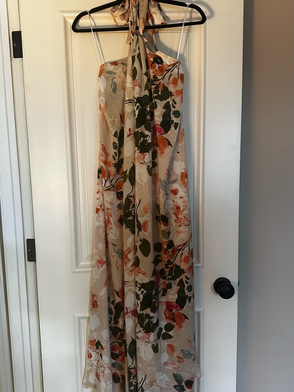 NWT Aakaa Beige Halter Maxi Dress with Olive and Orange Floral Print Medium